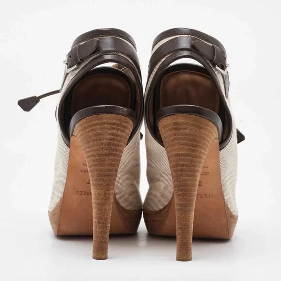 Hermes Off White/Brown Canvas and Leather Platform Booties Size 37 488-050125 - Picture 6 of 9